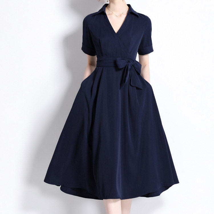 French Style Elegant Short Sleeve Midi Dress High Collar Waist Tie Solid Color Slim Fit Perfect for Casual or