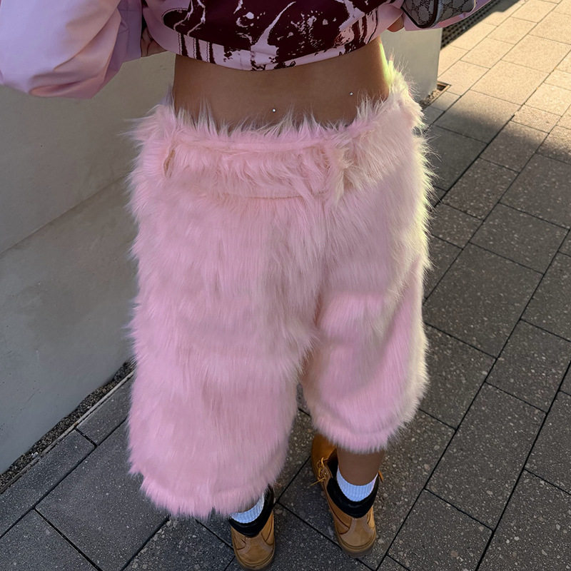 Womens Hip Hop Style Plush Loose Fit Low Waist Shorts Unique Design Versatile Comfortable Autumn Collection
