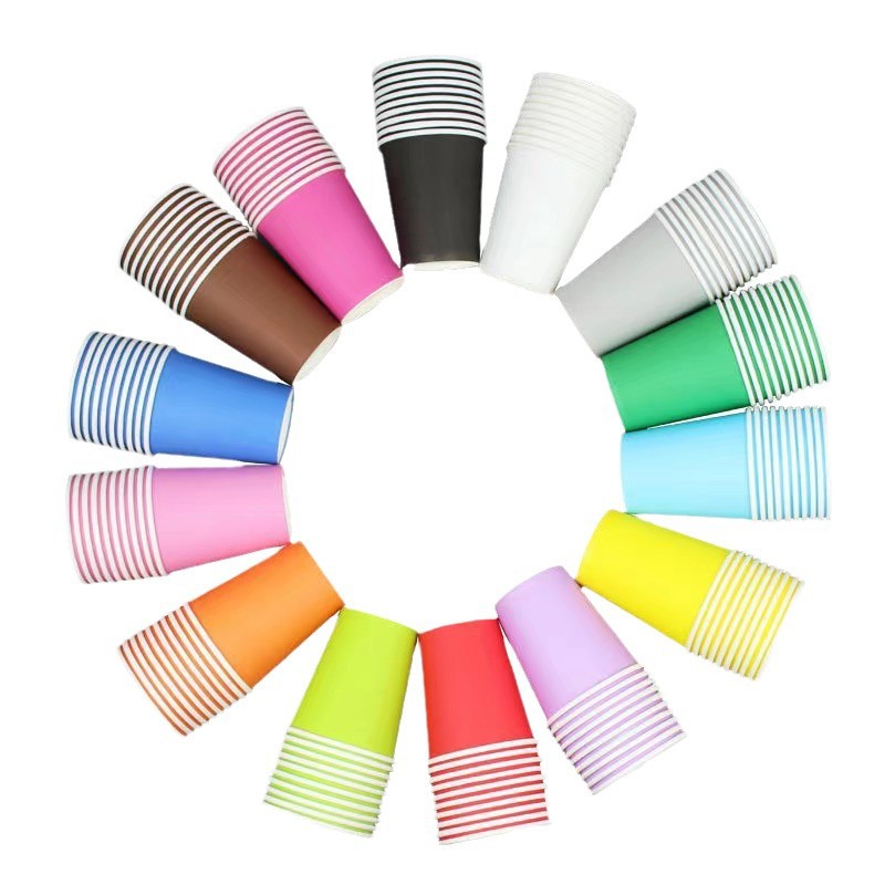 Color Disposable Paper Cup Picnic Party Decoration Arrangement Cup Novelty Solid Color Striped Birthday Party Supplies