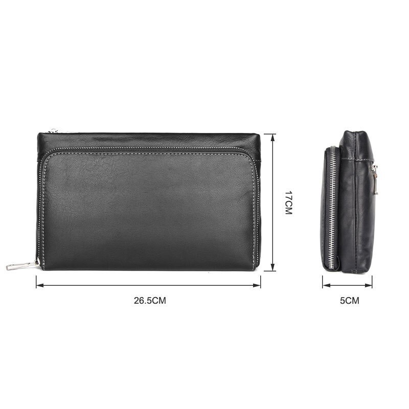 Túi clutch nam da bò thật cầm tay đa năng có khóa kéo — Màu đen cỡ lớn