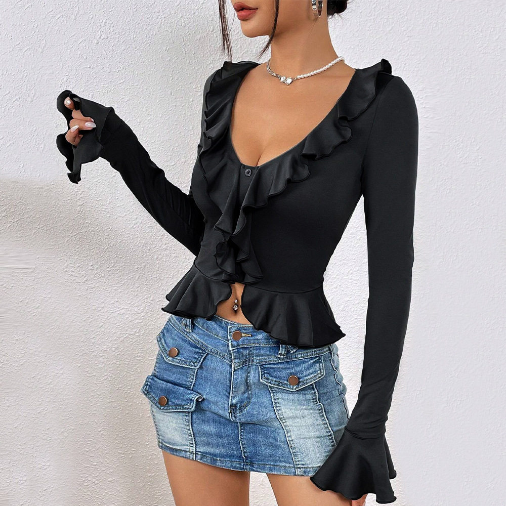 Womens Y2K Ruffled Crop Top Slim Fit Long Sleeve Trendy Design Spring Summer Fashion Wholesale Available