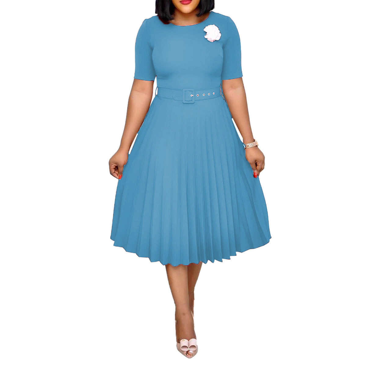 Plus Size Womens Summer Dress Belted Pleated Round Neck Mid Length Casual or Formal Occasions Wholesale Available