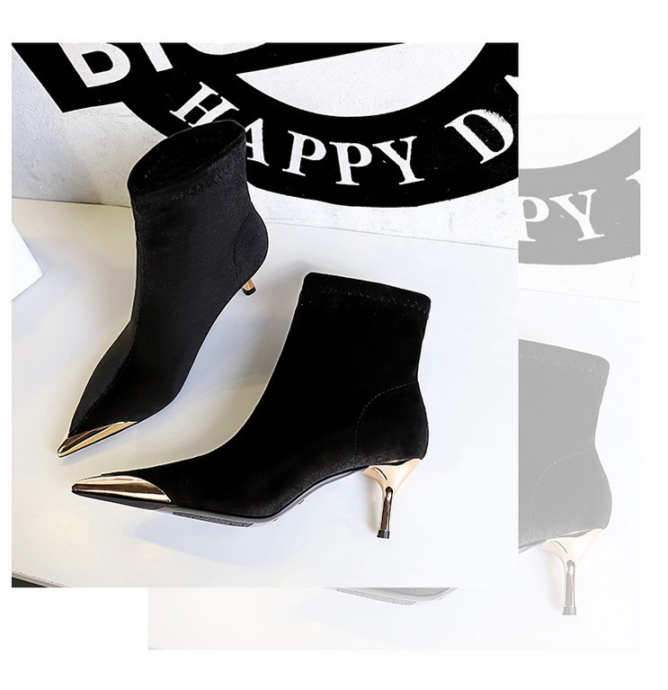Boot nữ cổ thấp mũi nhọn nhung nhung gót vừa phong cách thanh lịch — 319-10 đen 8cm, 319-A10 đen 5cm, 319-A10 Màu nâu sẫm 5cm, Màu nâu sẫm 319-10 8cm