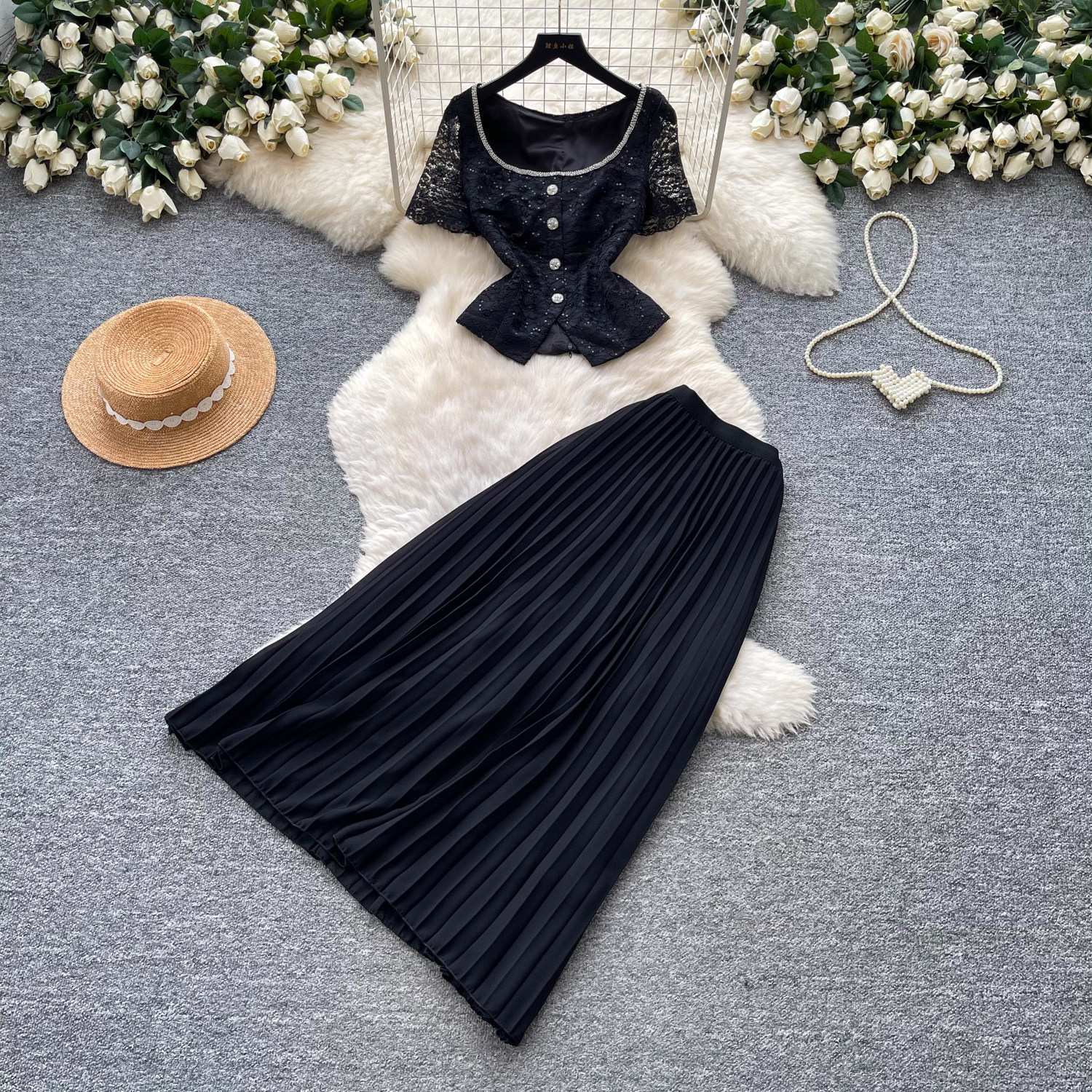 Lace V Neck Tank Top and High Waisted Pleated Skirt Set Elegant Soft French Style Summer Fashion for Women Wholesale