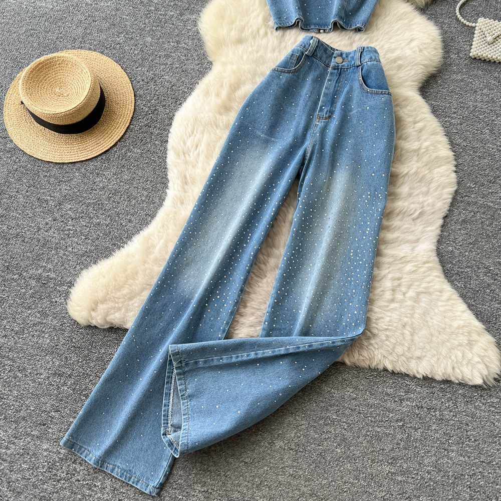 Korean Style Womens Denim Set Summer Halter Top High Waisted Wide Leg Pants Chic Office Wear Wholesale Available