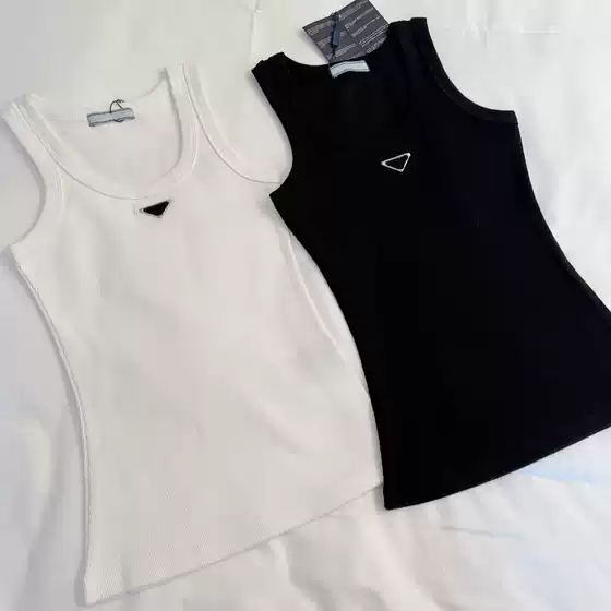 Correct Version 25 Summer New Style P Brand Metal Triangle Logo Knitted Ribbed Tank Top Elastic Slim Fit Base Layer Camisole