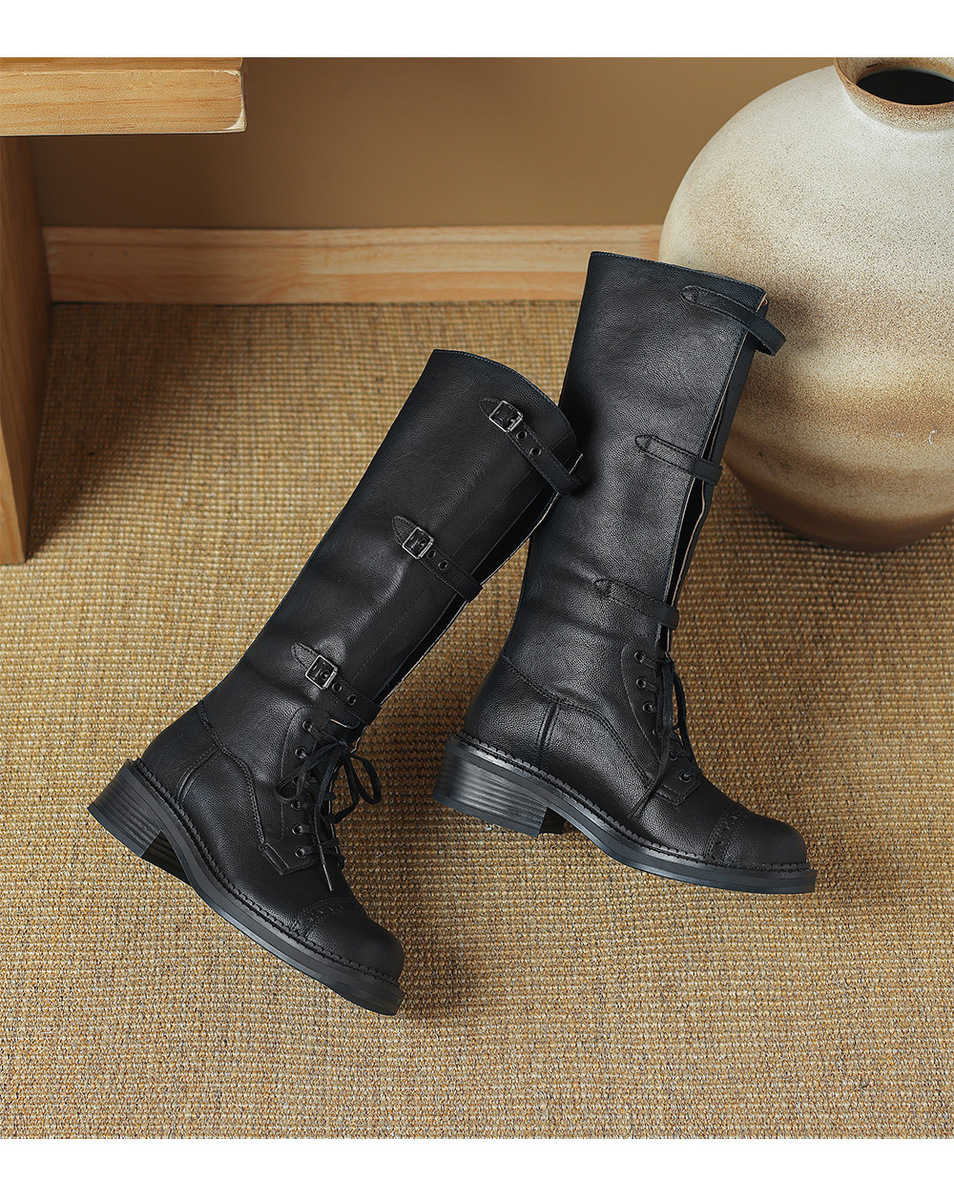 Boot nữ cổ cao da bò buộc dây khóa thắt lưng gót thô — Màu đen lót một lớp, Màu đen lót nhung, Màu nâu lót một lớp, Màu nâu lót nhung