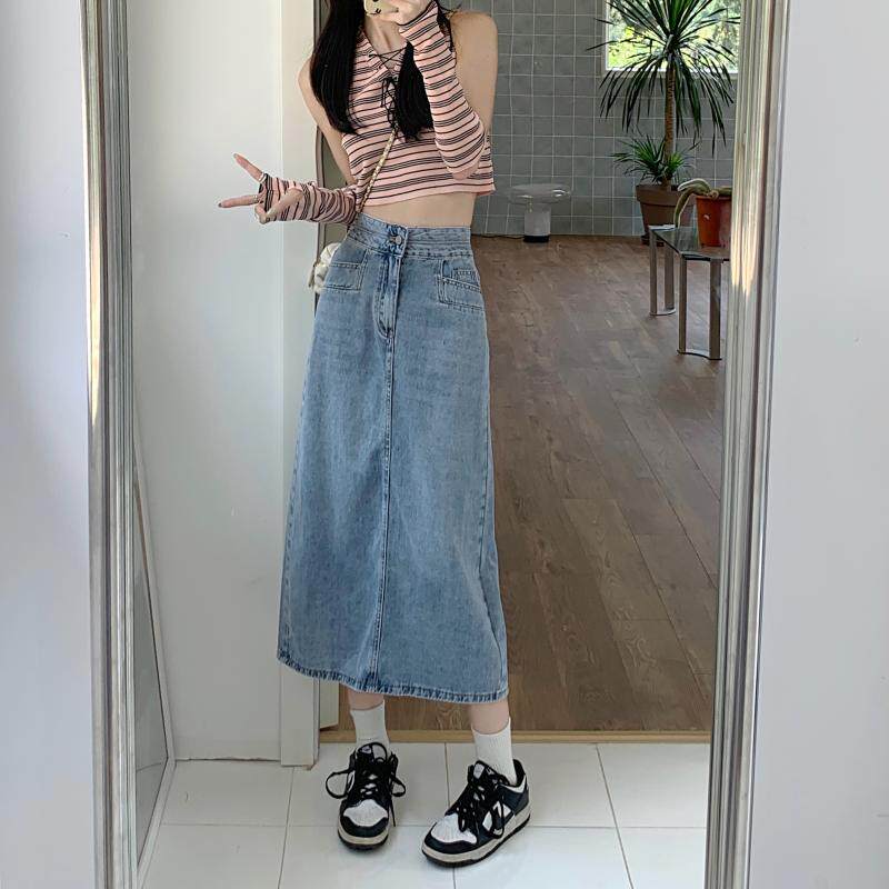 High Waisted Denim Midi Skirt Pocket Design Loose Fit Washable Fabric Summer Casual Wear Wholesale Available