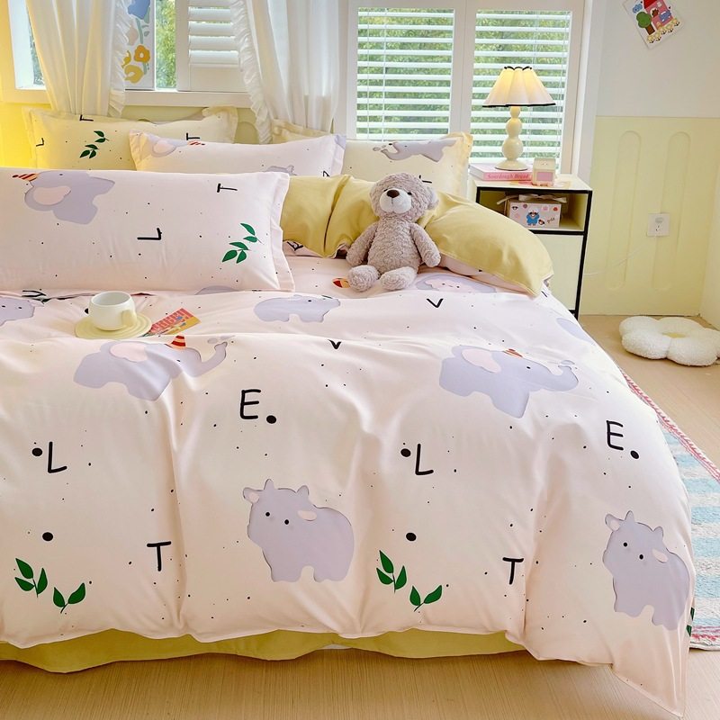 New Light Luxury Cartoon Print Four-Piece Set Thickened Brushed Quilt Cover Bed Sheetss Student Dormitory Three-Piece Simple Bedding Set