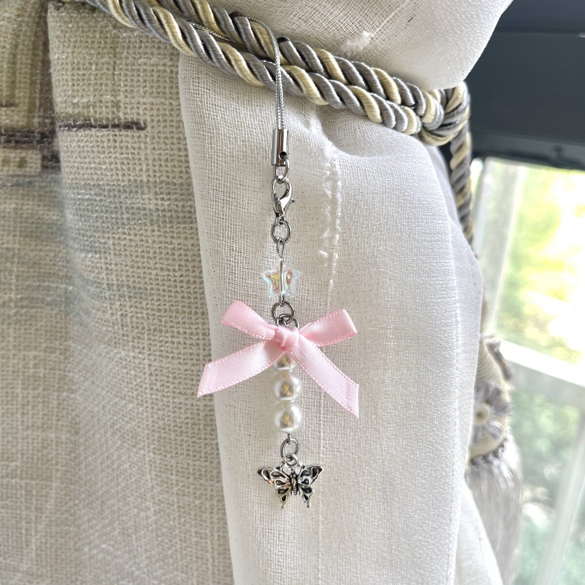 Original Pink Bow Beaded Phone Strap Bag Chain Keychain Cute Handmade Beaded Hanging