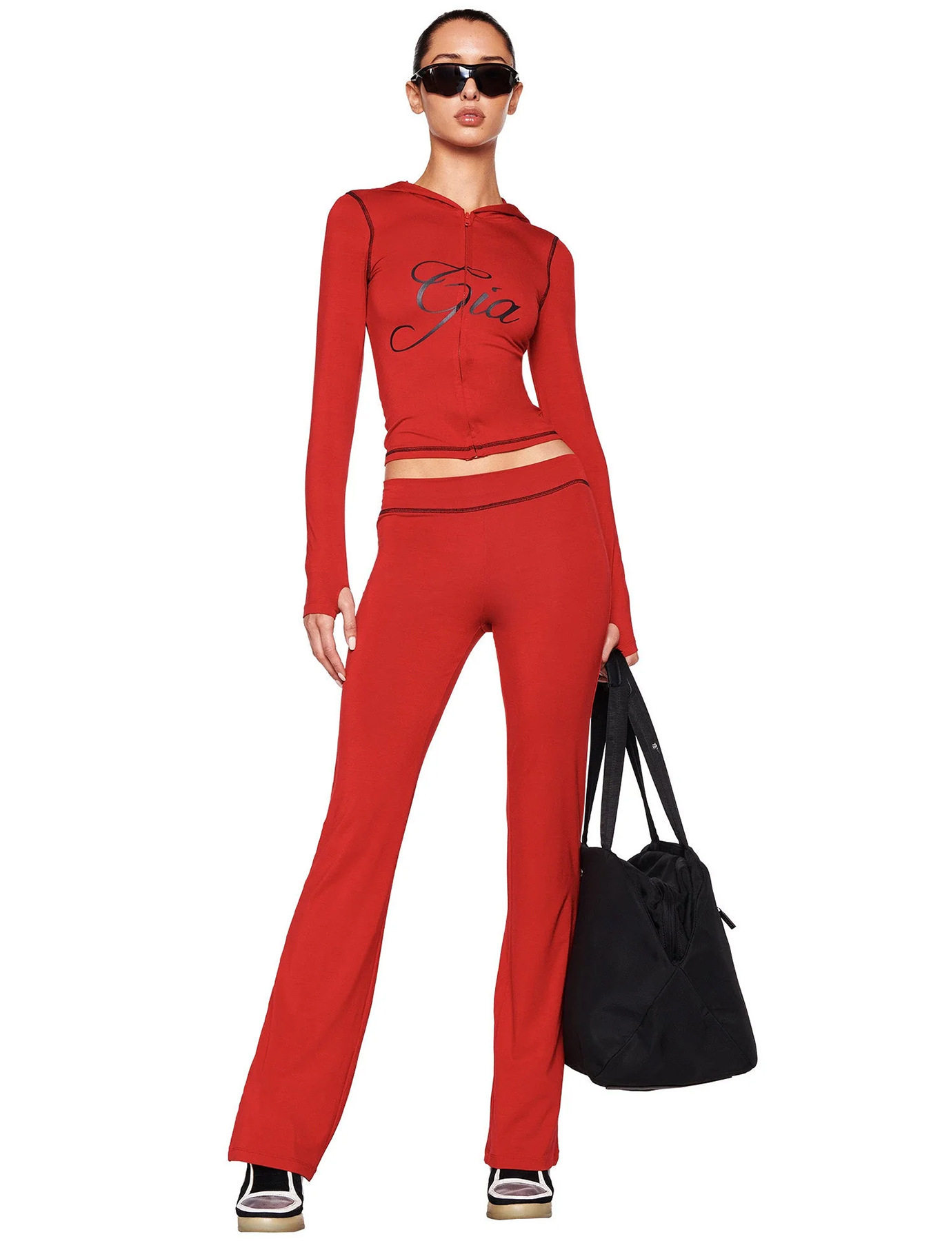 HR25071 欧美时尚女装跨境货源印花连帽长袖拇指扣微喇叭两件套装