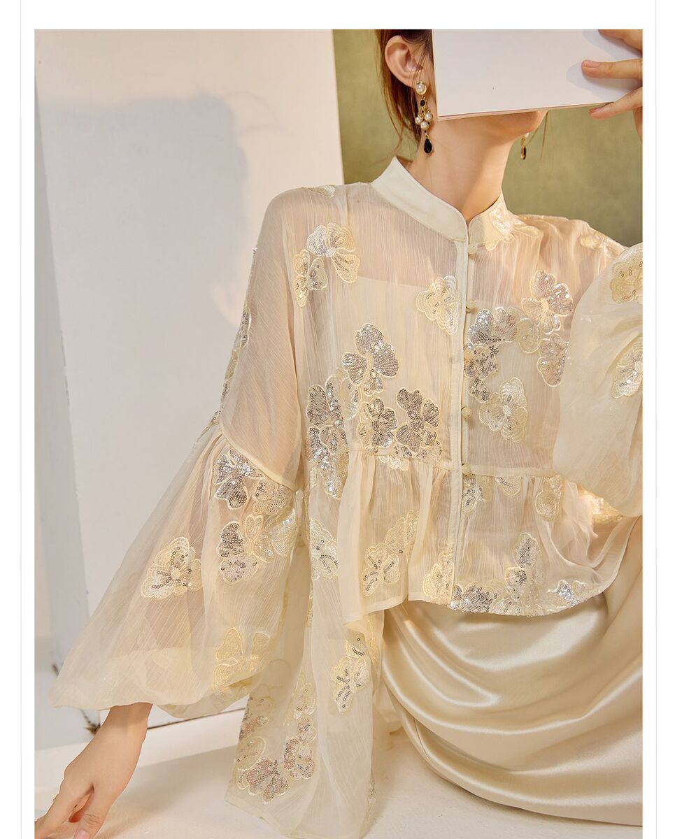 Set áo khoác tay lồng đèn thêu hoa kèm đầm hai dây dáng dài — Áo sequin (giao hàng trong 7 ngày), Váy yếm (giao hàng trong 7 ngày), Váy yếm (giao hàng trong ngày)