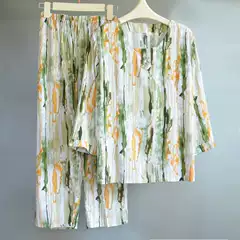 2025 Cotton Silk Pajamas for Women Summer Thin Cotton Silk Home Clothes for Middle-Aged and Elderly People Pullover 7-Quarter Sleeves Can Be Worn Outside the Suit