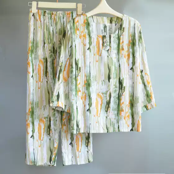 2025 Cotton Silk Pajamas for Women Summer Thin Cotton Silk Home Clothes for Middle-Aged and Elderly People Pullover 7-Quarter Sleeves Can Be Worn Outside the Suit