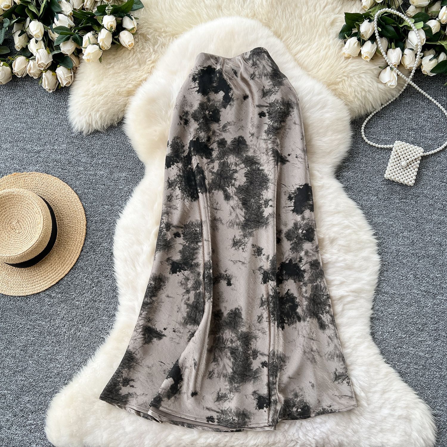 High Waist Satin Midi Skirt for Women Vintage Ink Print Flared Design Summer Casual Wear