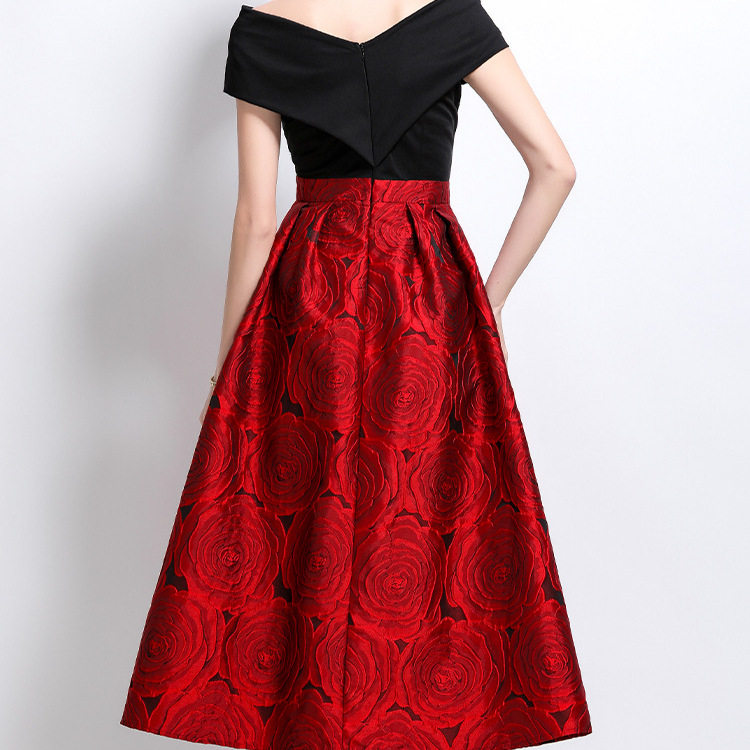 Elegant Womens Dress High End One Shoulder Design Waist Cinching Floral Pattern Flared Skirt Perfect for Formal