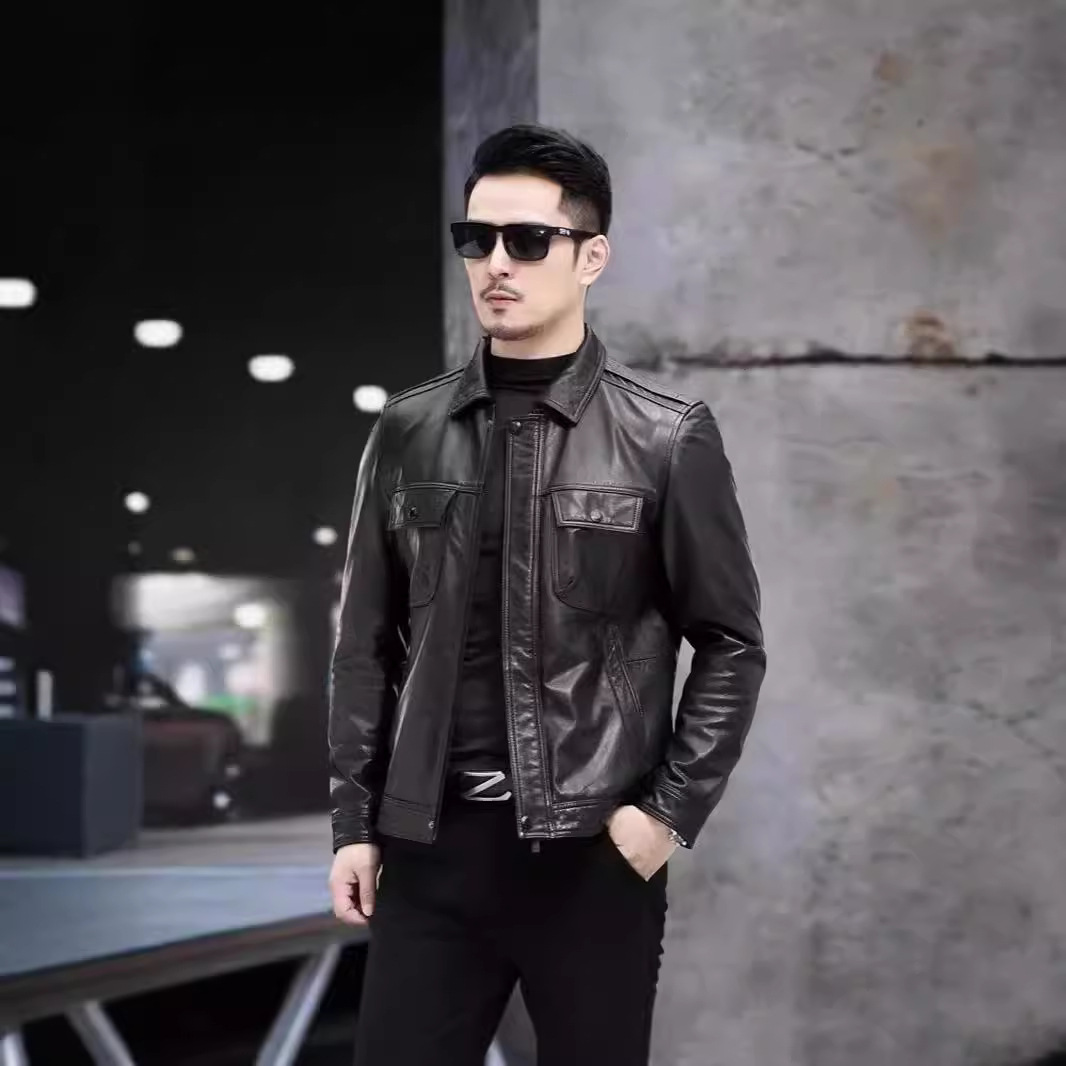 Áo Da Nam Chất Liệu Da Bò Dáng Ôm Kín Cổ Hàng Mùa Xuân Thu Đông Phục Cổ Cổ Điển