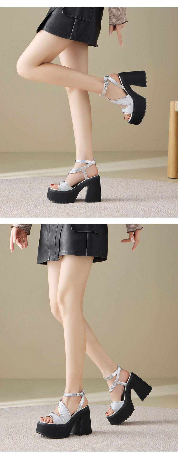 Sandal cao gót nữ mũi hở đế xuồng 12 cm da bò thật — [Đen], [Vàng nhạt], [Bạc] chi tiết 5