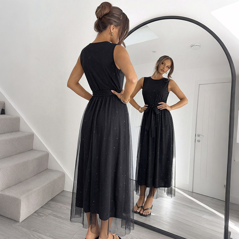 Elegant Black Mesh Sleeveless Dress Waist Defining Lightweight Chic Design Perfect for Evening Events OEM Available