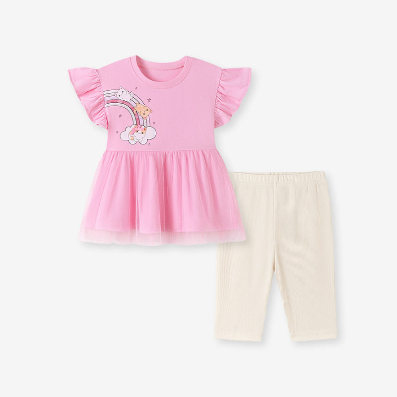 Grosir Pakaian Anak Pabrik, Set Anak Perempuan Musim Panas, Set Anak Pelangi Lucu Manis