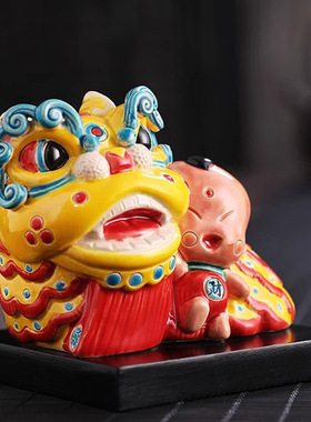 德化醒狮摆件国潮舞狮文创狮头陶瓷工艺品客厅酒柜装饰品家居摆设
