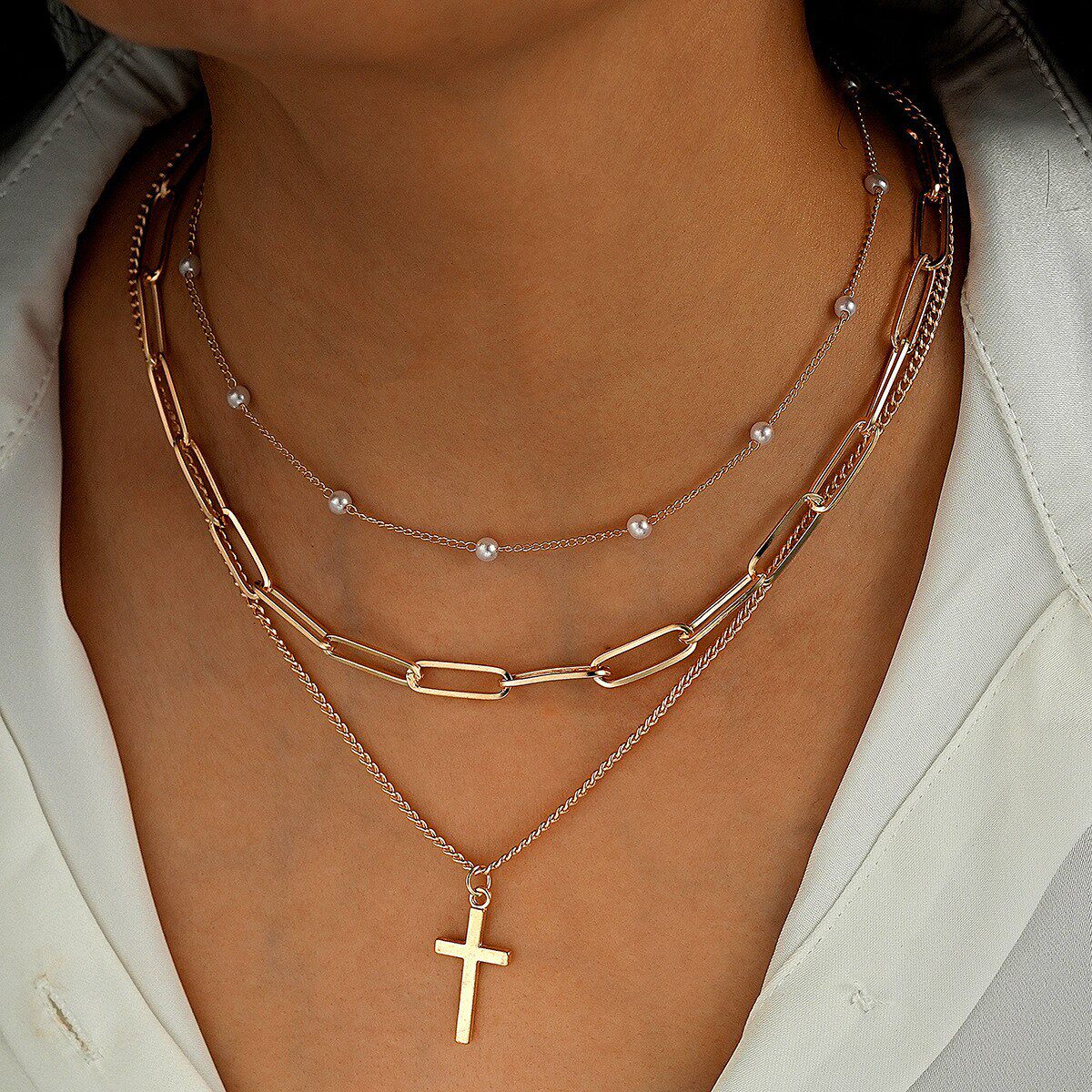 镶嵌彩钻爱心吊坠流苏项链四件套装百搭小众轻奢气质项饰叠戴锁骨