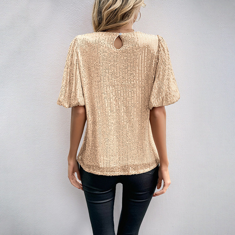 Vintage Style Sequin T Shirt Bell Sleeve Round Neck Solid Color Casual Wear for Women Wholesale Available