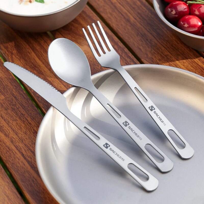 Outdoor Pure Titanium Spoon Camping Titanium Spoon Camping Portable Titanium Metal Tableware Steak Knife and Fork Spoon Spoon suit