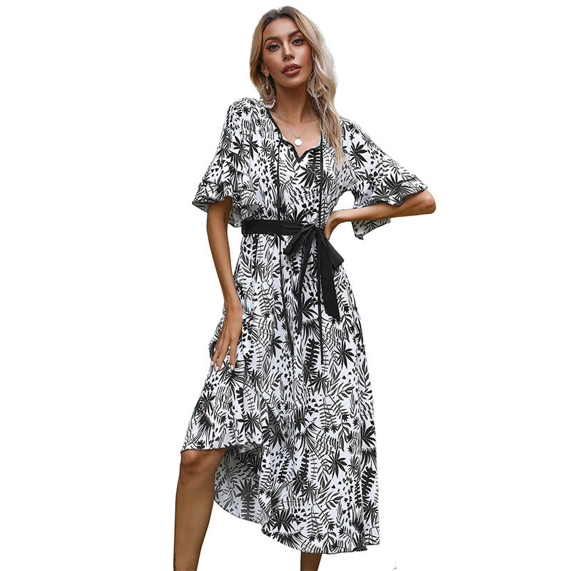 Vintage Floral Print Short Sleeve Dress Elegant Versatile Summer Style Available for Wholesale