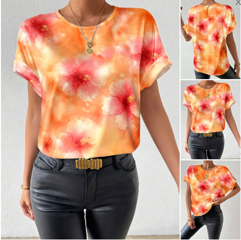 Tie Dye Floral Print Short Sleeve Top Round Neck Casual Style Fashionable Design Wholesale Available