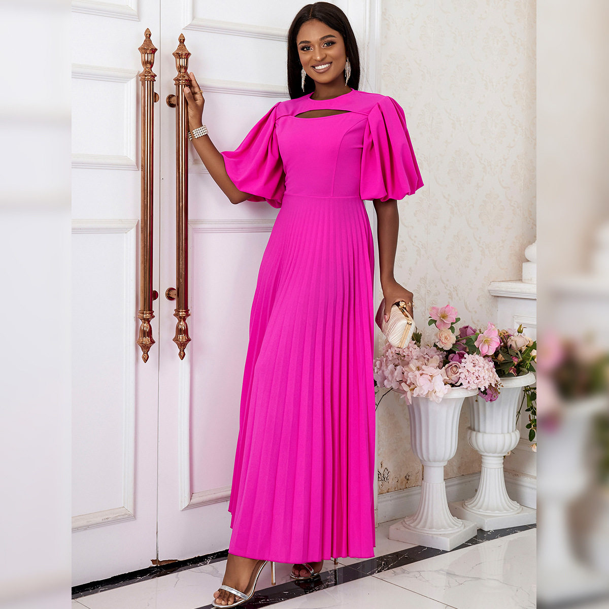 lantern sleeve waist pleated skirt comfortable commuting casual dress pleated skirt