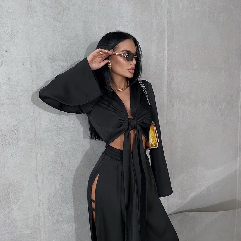 Fashionable Long Sleeve Tie Front Crop Top and Hollow Out Split Leg Pants Set Street Style Wholesale Available