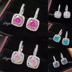Octagonal Millennium Rose Cut Colorful Earrings Light Luxury High-End Inlaid High Carbon Diamond Square Rose Red Diamond Earrings Wholesale