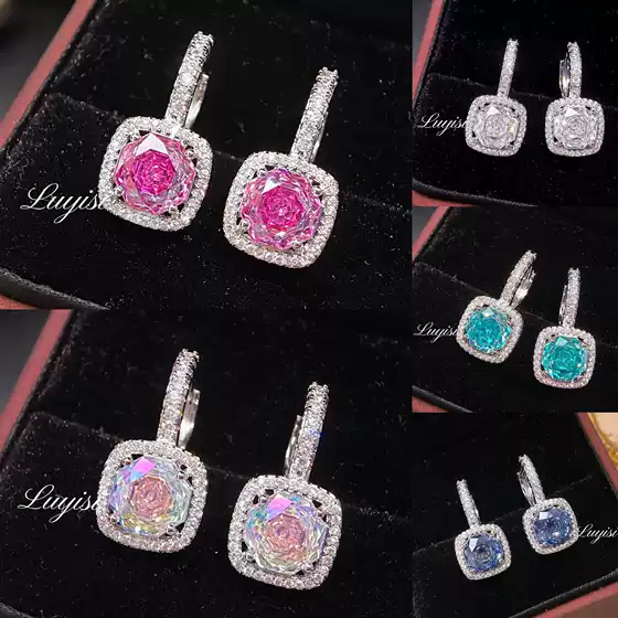 Octagonal Millennium Rose Cut Colorful Earrings Light Luxury High-End Inlaid High Carbon Diamond Square Rose Red Diamond Earrings Wholesale
