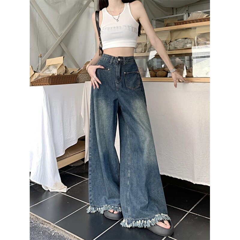 High Waisted Wide Leg Jeans for Women Vintage Style Loose Fit Frayed Hem Spring and Autumn Fashion Wholesale