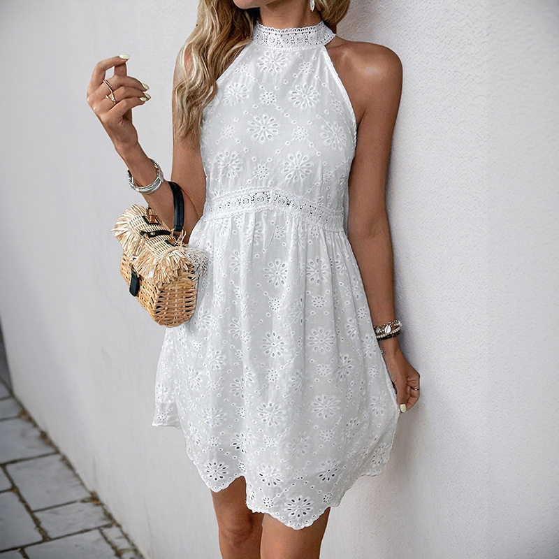 Sleeveless White Dress High Neck Hollow Out Design Elegant Style Perfect for Summer Events OEM Available
