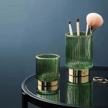 Light Luxury Gold-Rimmed Thickeneded Stripesd Glass Storage Box Makeup Brush Storage Tube Pen Holder Desktop Hydroponic Flower Device Stylish