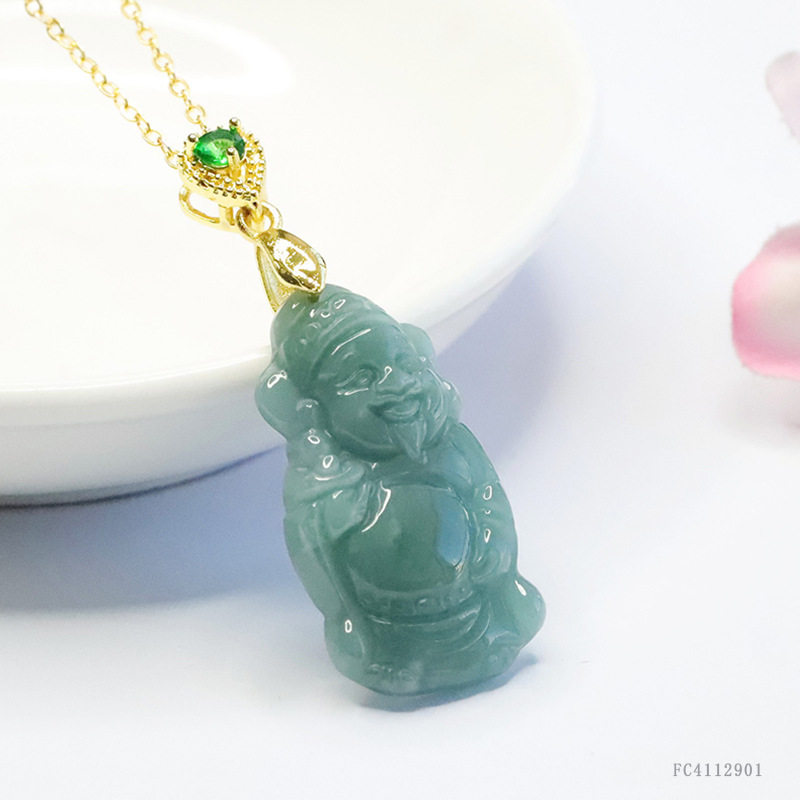 Guan Yu Natural Grade a Jade Pendant Blue Water God of Wealth Jadeite Hanging Ornament Necklace Jewelry Wholesale S4112901