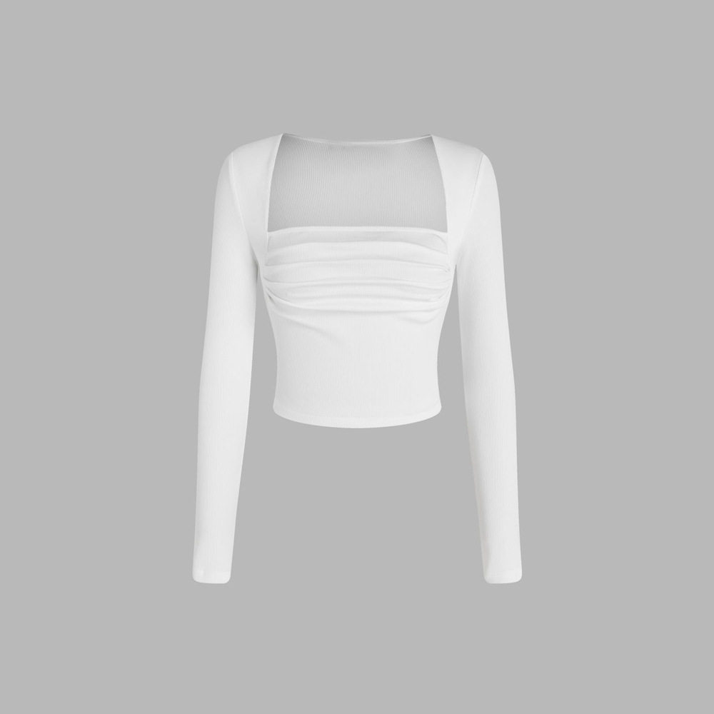 Long Sleeve Knit Top Square Neck Fitted Pleated Design Autumn Winter Fashion for Women Ready to Ship