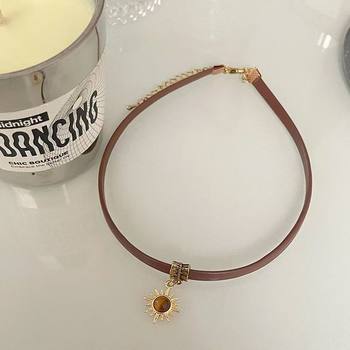 Maillard Sunflower Necklace Women's Brown Leather Rope Tiger Eye Stone Pendant High Fashion Retro Style Bestie Necklace