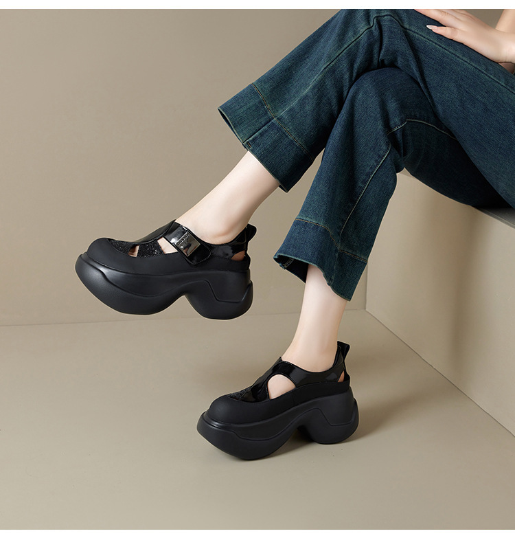 Giày sandal nữ gót cao 8cm đế dày đính đá, mũi tròn bít da bò khoét lỗ — Màu bạc, Màu đen, Màu trắng be
