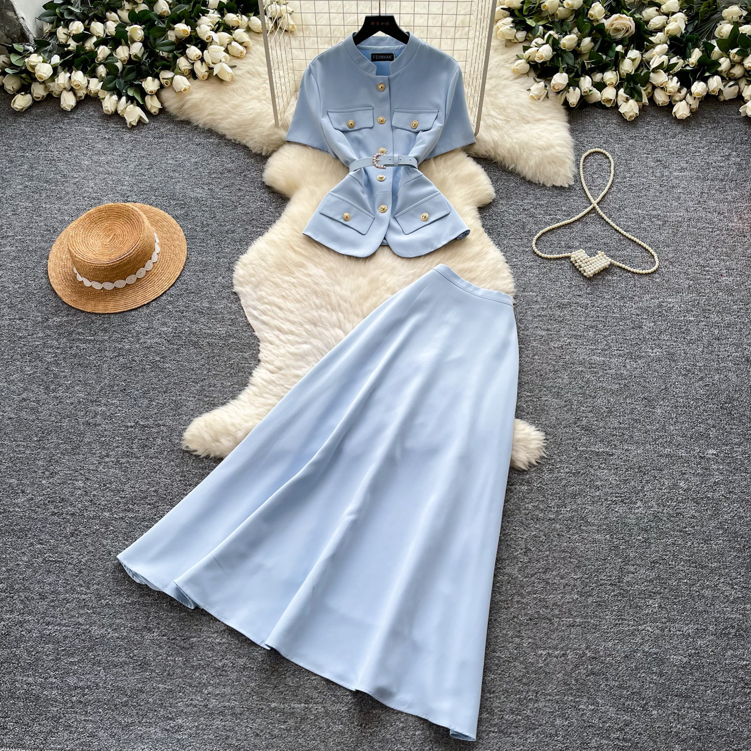Chic Commuter Style Pink Short Sleeve Top and High Waist Midi Skirt Set Slim Fit Summer Fashion Womens Outfit