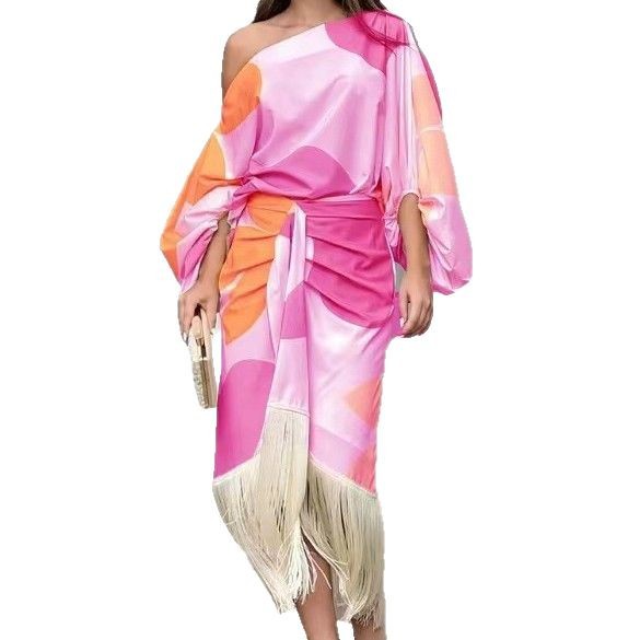 Summer Floral Lantern Sleeve Loose Top with Fringe Hem and Skirt Set Trendy Casual Style Wholesale Available