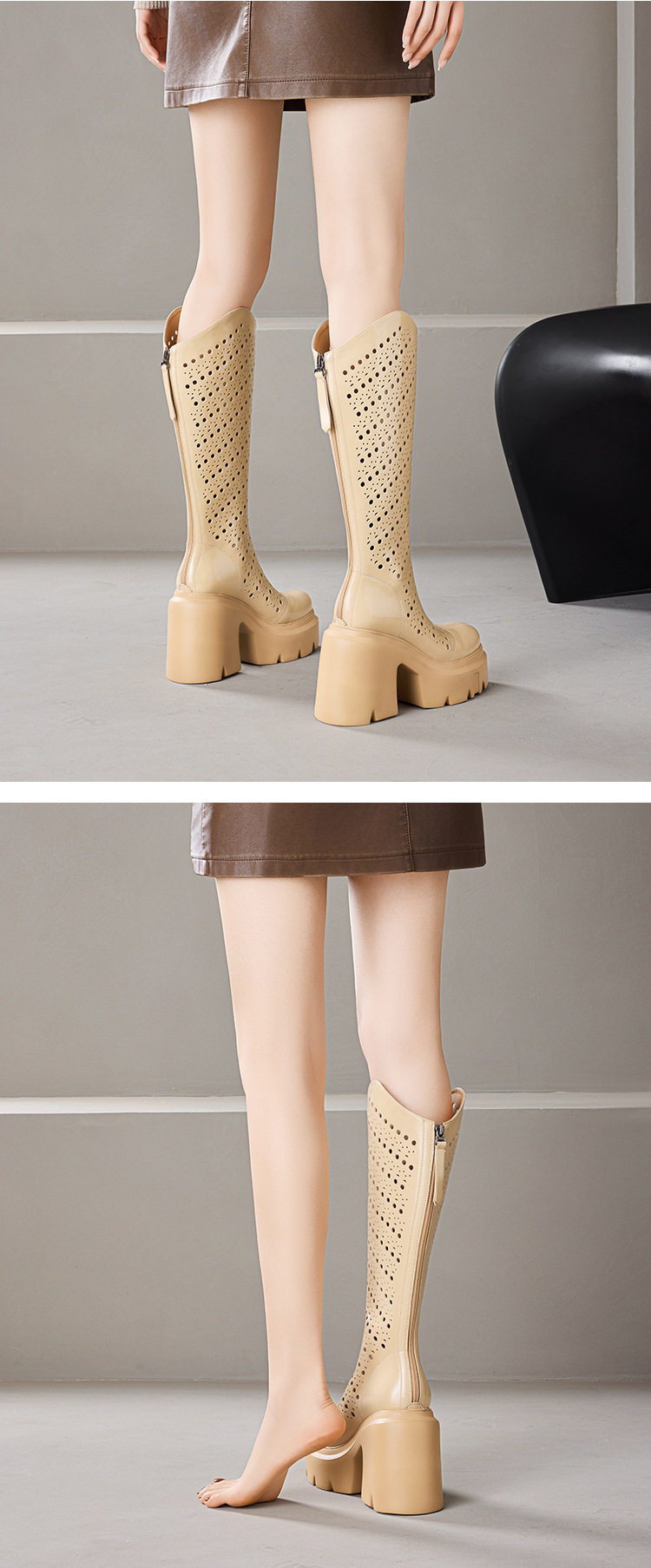 Boot nữ cổ thấp da láng thoáng khí gót cao 8 cm — [Màu hồng đào], [Màu đen] chi tiết 4