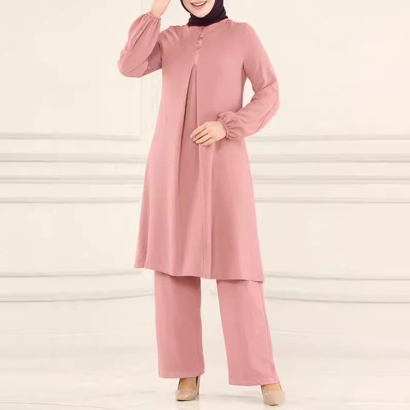 Muslim women's cross-border Spring and Autumn new solid color round neck sequined long-sleeved shirt trousers fashion casual suit