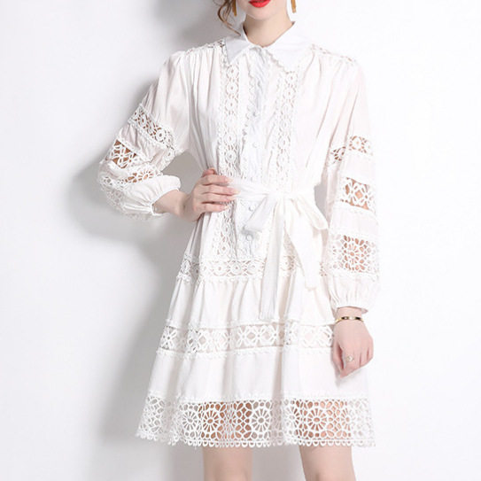 Vintage French Style Womens A Line Dress Hollow Embroidery Lace Panels Lantern Sleeves Button Closure Elegant