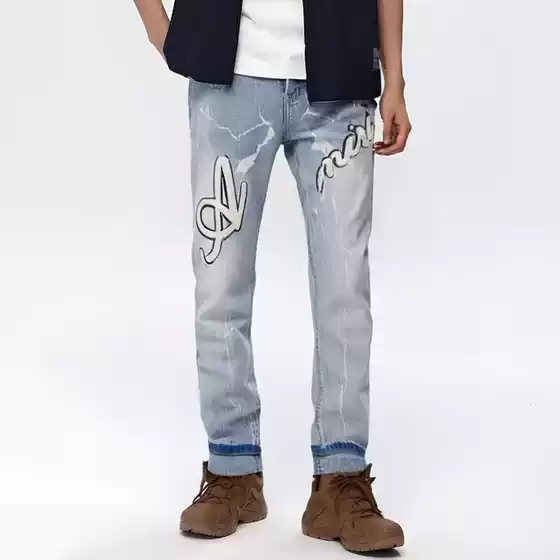 Cross-Border Foreign Trade New Style Blue Ripped Patch Embroidery Tight Elastic High Street Mid-Waist Men's Jeans Trendy