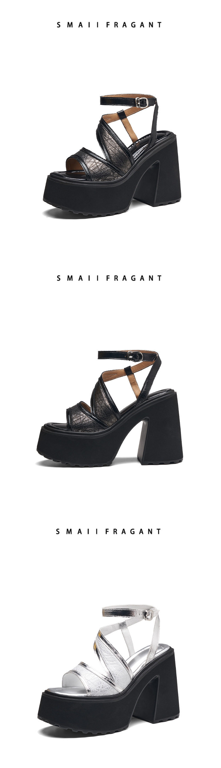 Sandal cao gót nữ mũi hở đế xuồng 12 cm da bò thật — [Đen], [Vàng nhạt], [Bạc] chi tiết 11
