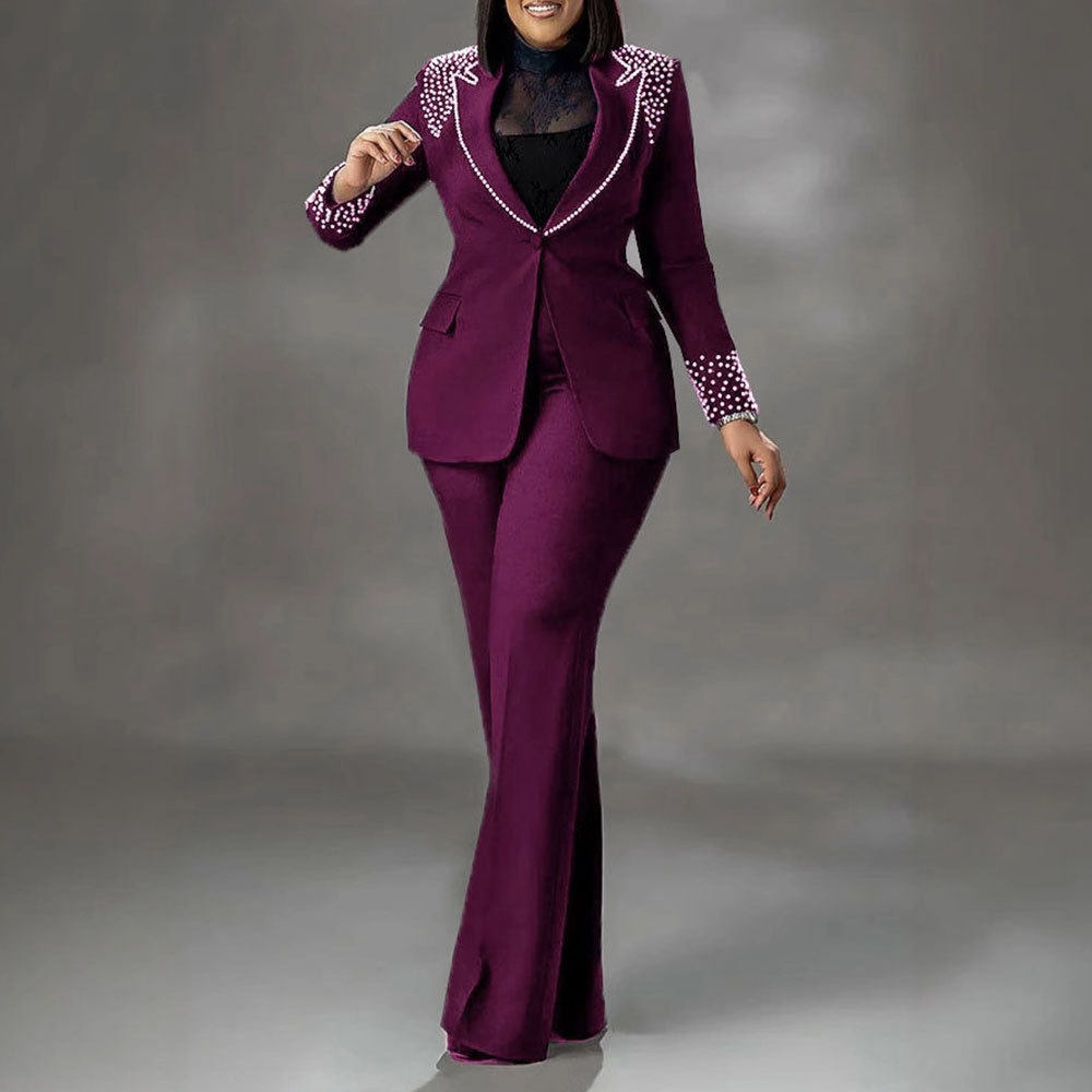 K3332 European and American Pearl Long-Sleeved Slim Stretch Suit Two-Piece Set