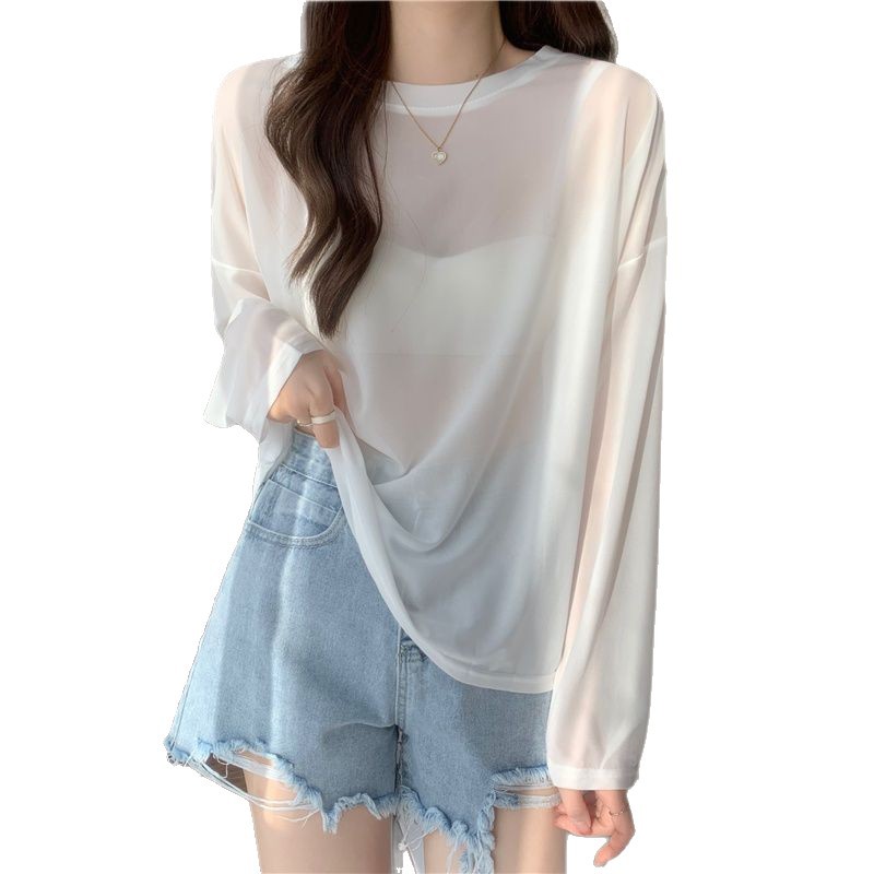Womens Loose Fit Long Sleeve T Shirt Ice Silk Sun Protection Round Neck Versatile Style Summer Layering Top